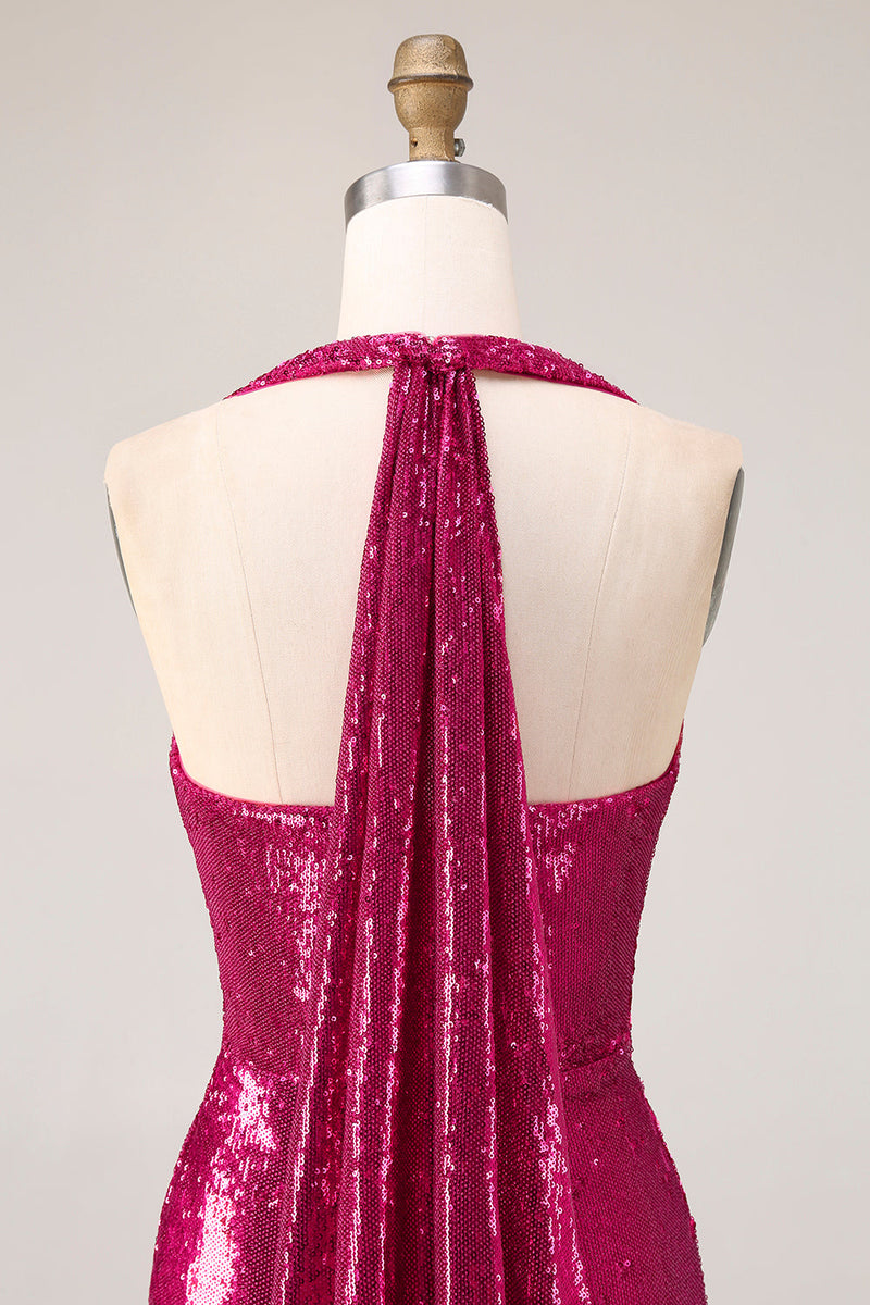Laden Sie das Bild in den Galerie-Viewer, Glitzerndes Fuchsia Meerjungfrauen Neckholder Pailletten Rückenloses Langes Ballkleid mit Schlitz