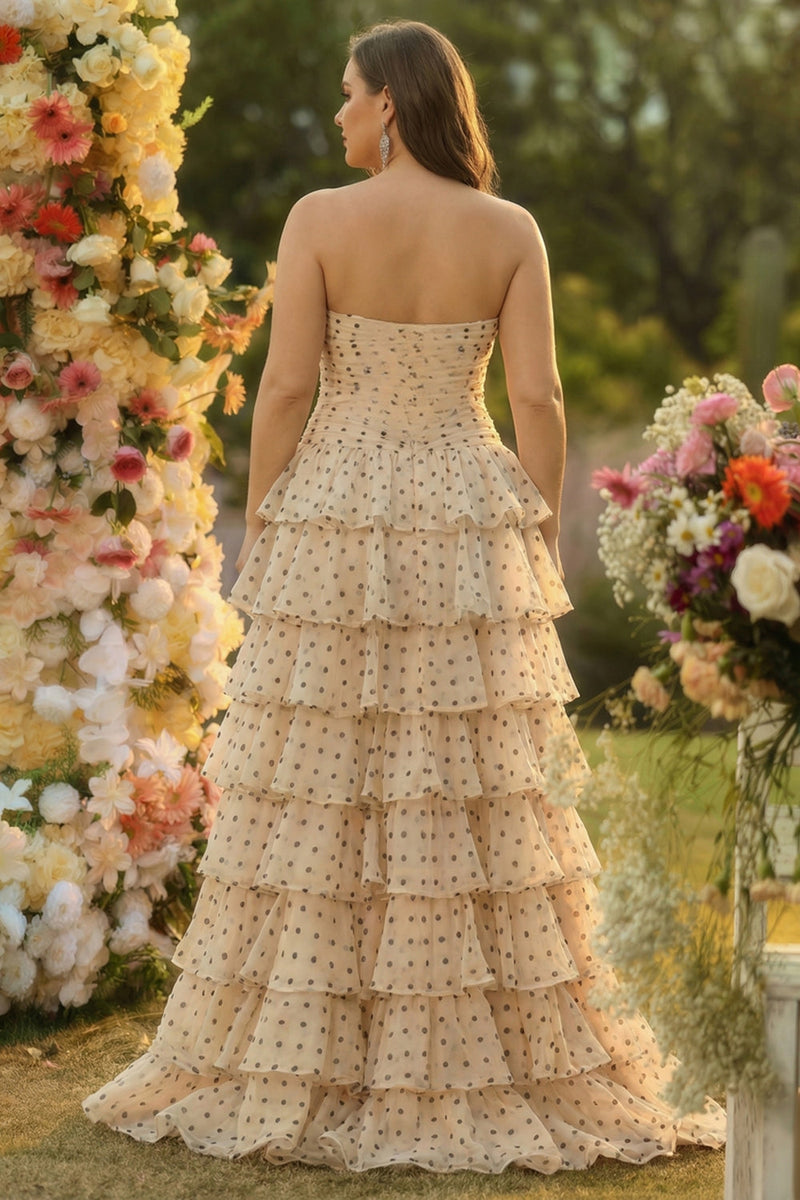 Laden Sie das Bild in den Galerie-Viewer, Aprikosenschwarz Gepunktetes Trägerloses A-Linie Gestuftes Ausgeschnittenes Langes Plus Size Ballkleid mit Schlitz