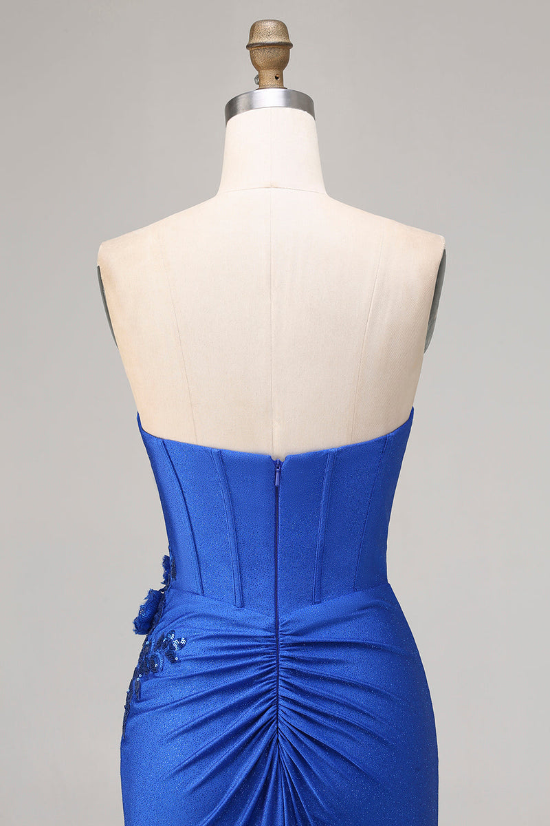 Laden Sie das Bild in den Galerie-Viewer, Königsblaues Trägerloses Meerjungfrauen 3D-Blumen Langes Ballkleid mit Schlitz