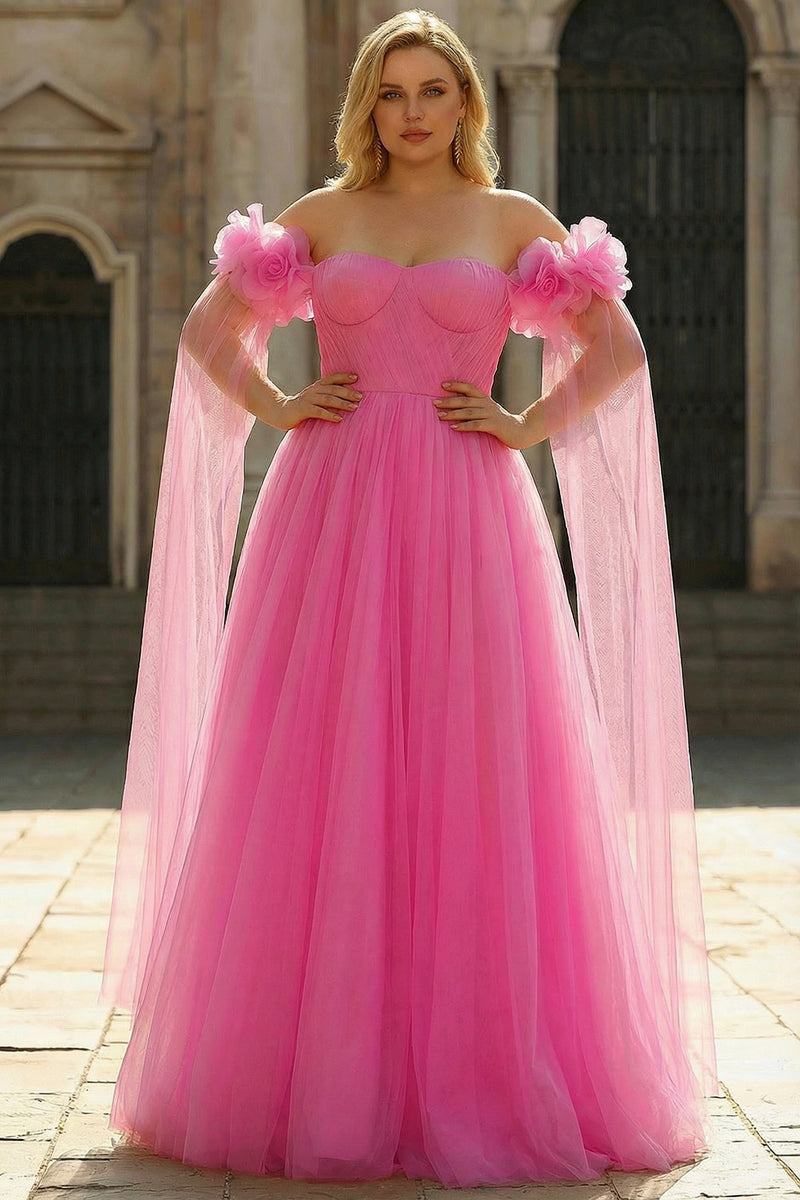 Laden Sie das Bild in den Galerie-Viewer, Rosa A-Linie Schulterfreies Plissiertes Tüll Langes Ballkleid