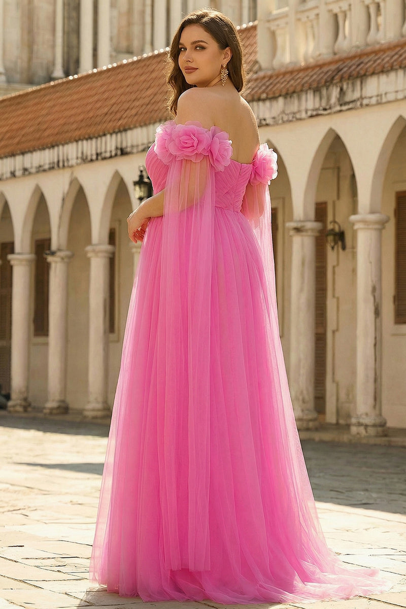 Laden Sie das Bild in den Galerie-Viewer, Rosa A-Linie Schulterfreies Plissiertes Tüll Langes Ballkleid