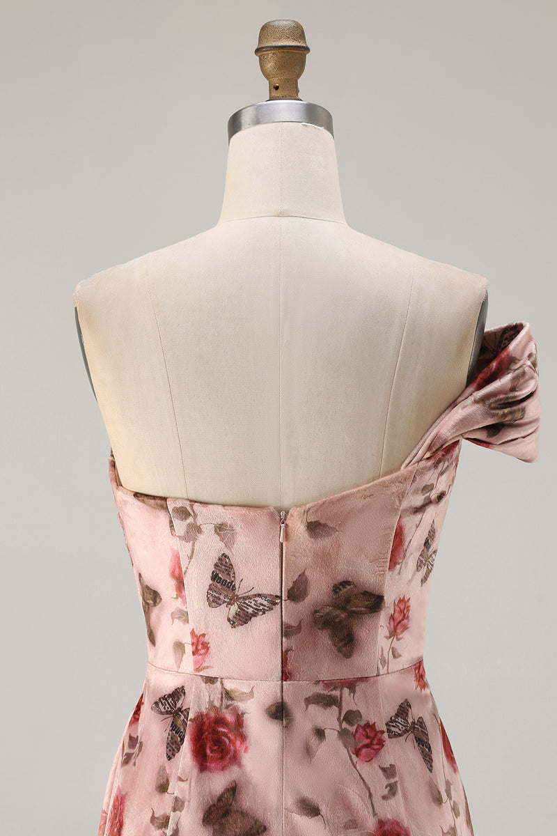 Laden Sie das Bild in den Galerie-Viewer, Schwarzes Einschulteriges Scheiden Rotes Blumen Muster Langes Ballkleid mit Schleppe