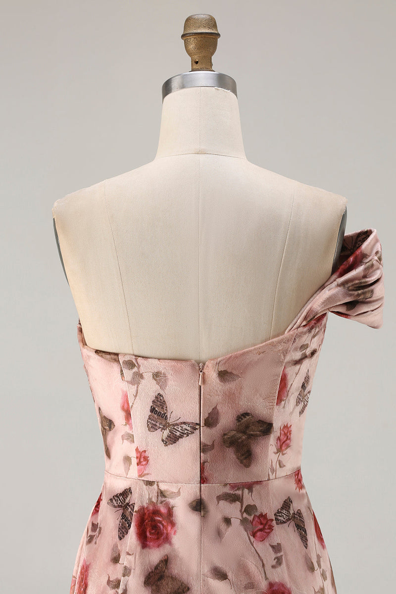 Laden Sie das Bild in den Galerie-Viewer, Ein Schulter Scheiden Blush Muster Langes Ballkleid