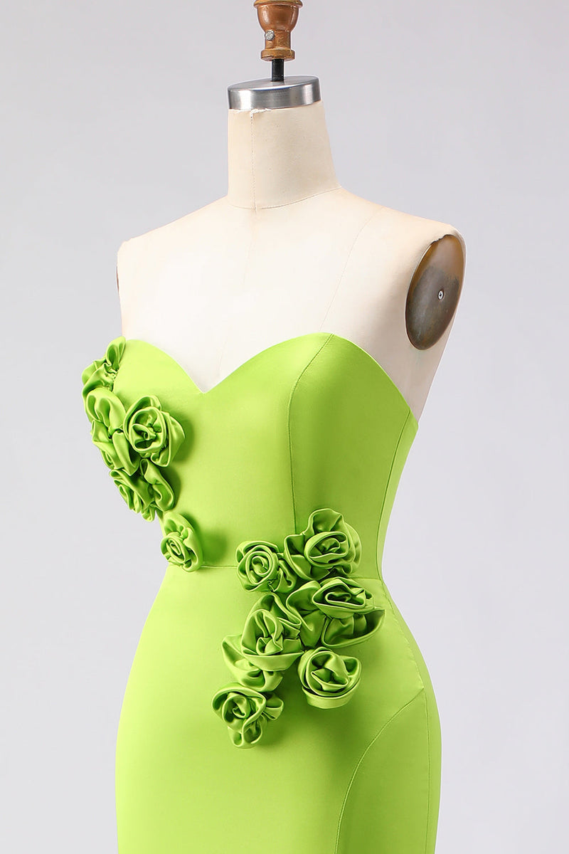 Laden Sie das Bild in den Galerie-Viewer, Grünes Meerjungfrauen Trägerloses 3D-Blumen Maxi Ballkleid mit Schlitz