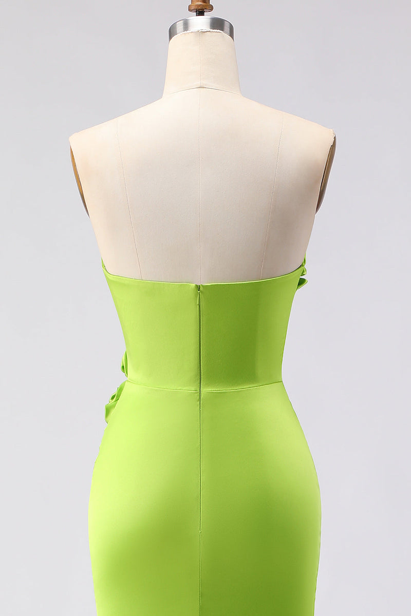 Laden Sie das Bild in den Galerie-Viewer, Grünes Meerjungfrauen Trägerloses 3D-Blumen Maxi Ballkleid mit Schlitz