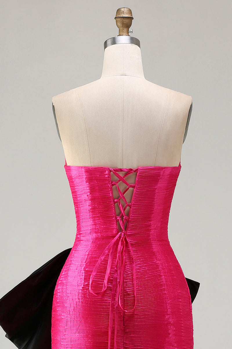 Laden Sie das Bild in den Galerie-Viewer, Trägerloses Fuchsia A-Linie Satin Langes Ballkleid mit großer Schleife