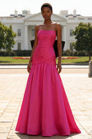 Laden Sie das Bild in den Galerie-Viewer, Trägerloses Fuchsia A-Linie Satin Langes Ballkleid mit großer Schleife