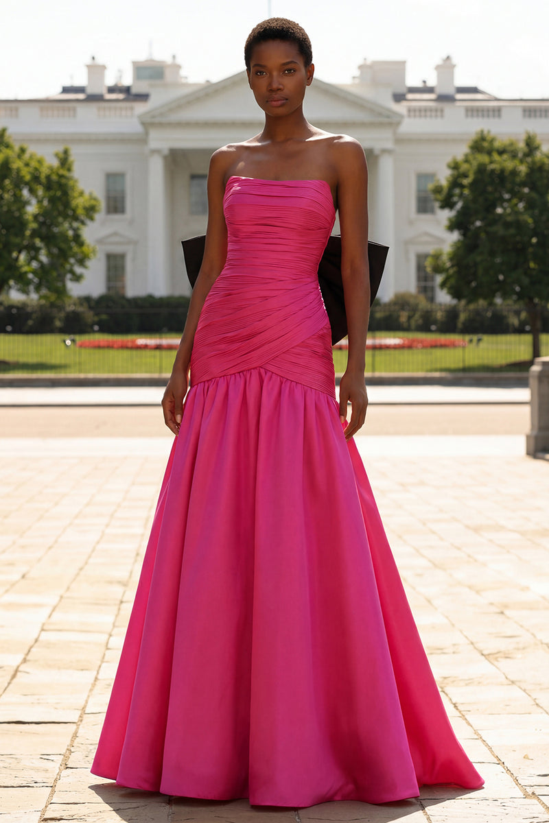 Laden Sie das Bild in den Galerie-Viewer, Trägerloses Fuchsia A-Linie Satin Langes Ballkleid mit großer Schleife