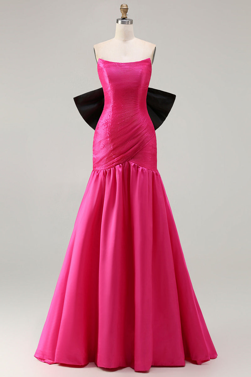 Laden Sie das Bild in den Galerie-Viewer, Trägerloses Fuchsia A-Linie Satin Langes Ballkleid mit großer Schleife