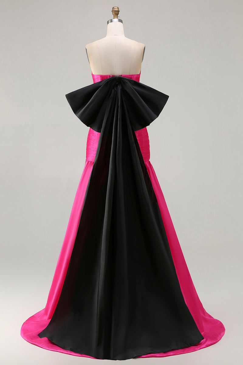 Laden Sie das Bild in den Galerie-Viewer, Trägerloses Fuchsia A-Linie Satin Langes Ballkleid mit großer Schleife