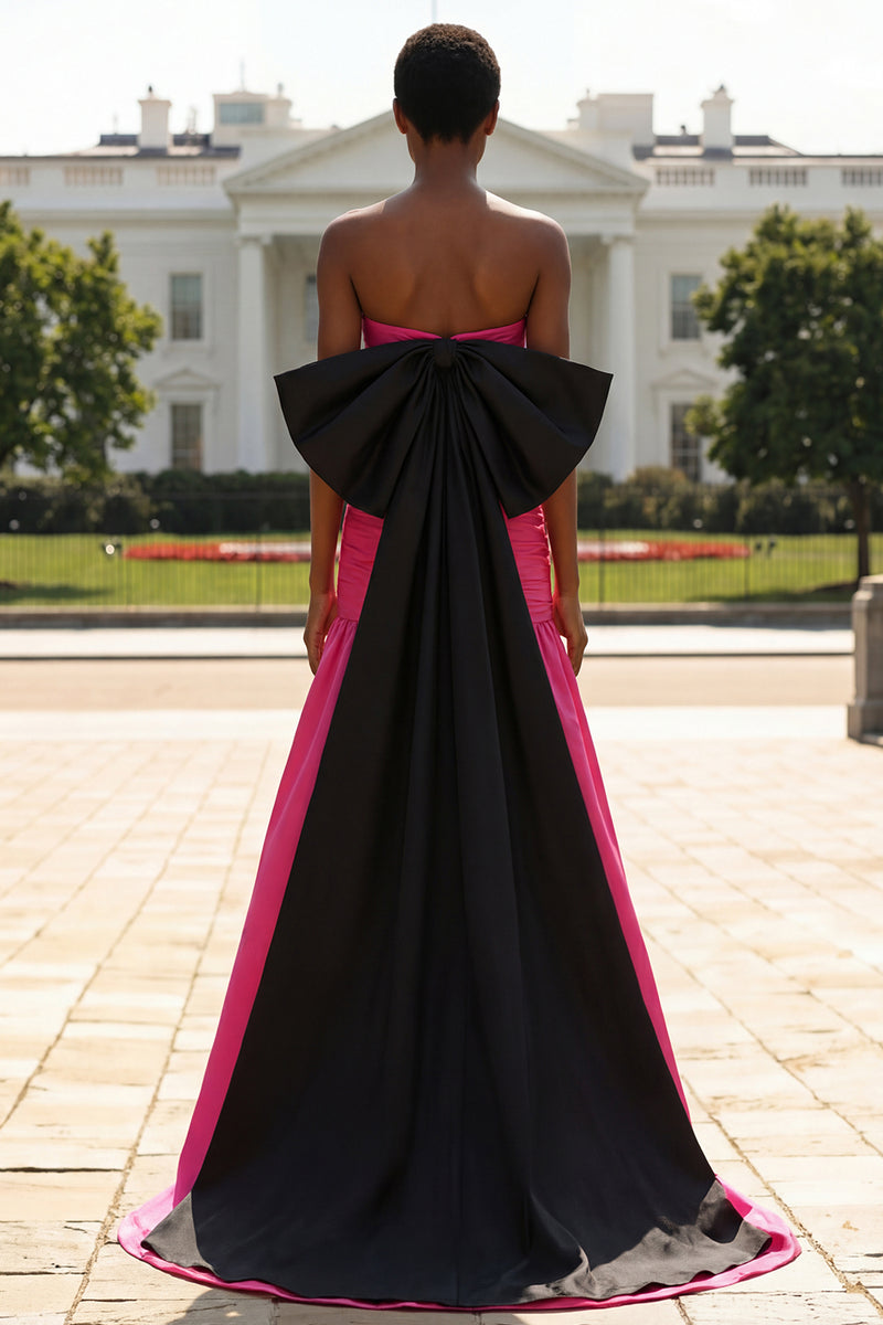 Laden Sie das Bild in den Galerie-Viewer, Trägerloses Fuchsia A-Linie Satin Langes Ballkleid mit großer Schleife