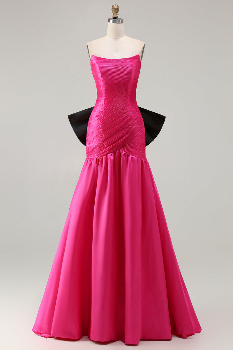 Laden Sie das Bild in den Galerie-Viewer, Trägerloses Fuchsia A-Linie Satin Langes Ballkleid mit großer Schleife
