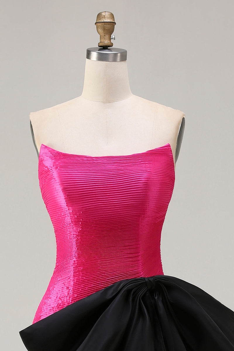 Laden Sie das Bild in den Galerie-Viewer, Trägerloses Fuchsia A-Linie Satin Langes Ballkleid mit großer Schleife