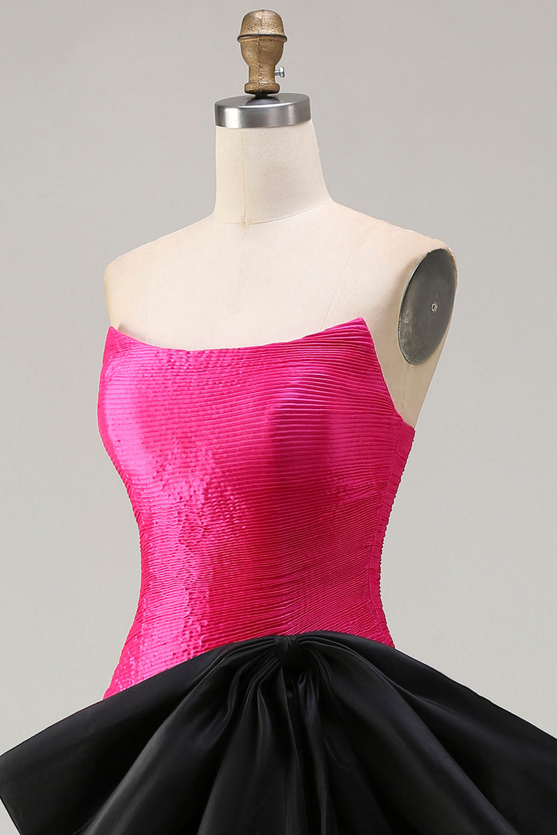 Laden Sie das Bild in den Galerie-Viewer, Trägerloses Fuchsia A-Linie Satin Langes Ballkleid mit großer Schleife
