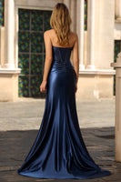 Laden Sie das Bild in den Galerie-Viewer, Marineblaues Meerjungfrauen Trägerloses Korsett Gerafftes Perlen Langes Ballkleid mit Schleife