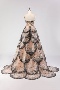 Glitzerndes Schwarzes Aprikose Trägerloses A-Line Pailletten Prinzessinnen Langes Ballkleid