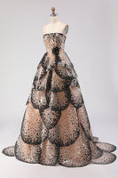 Laden Sie das Bild in den Galerie-Viewer, Glitzerndes Schwarzes Aprikose Trägerloses A-Line Pailletten Prinzessinnen Langes Ballkleid