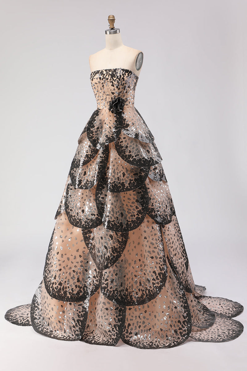 Laden Sie das Bild in den Galerie-Viewer, Glitzerndes Schwarzes Aprikose Trägerloses A-Line Pailletten Prinzessinnen Langes Ballkleid