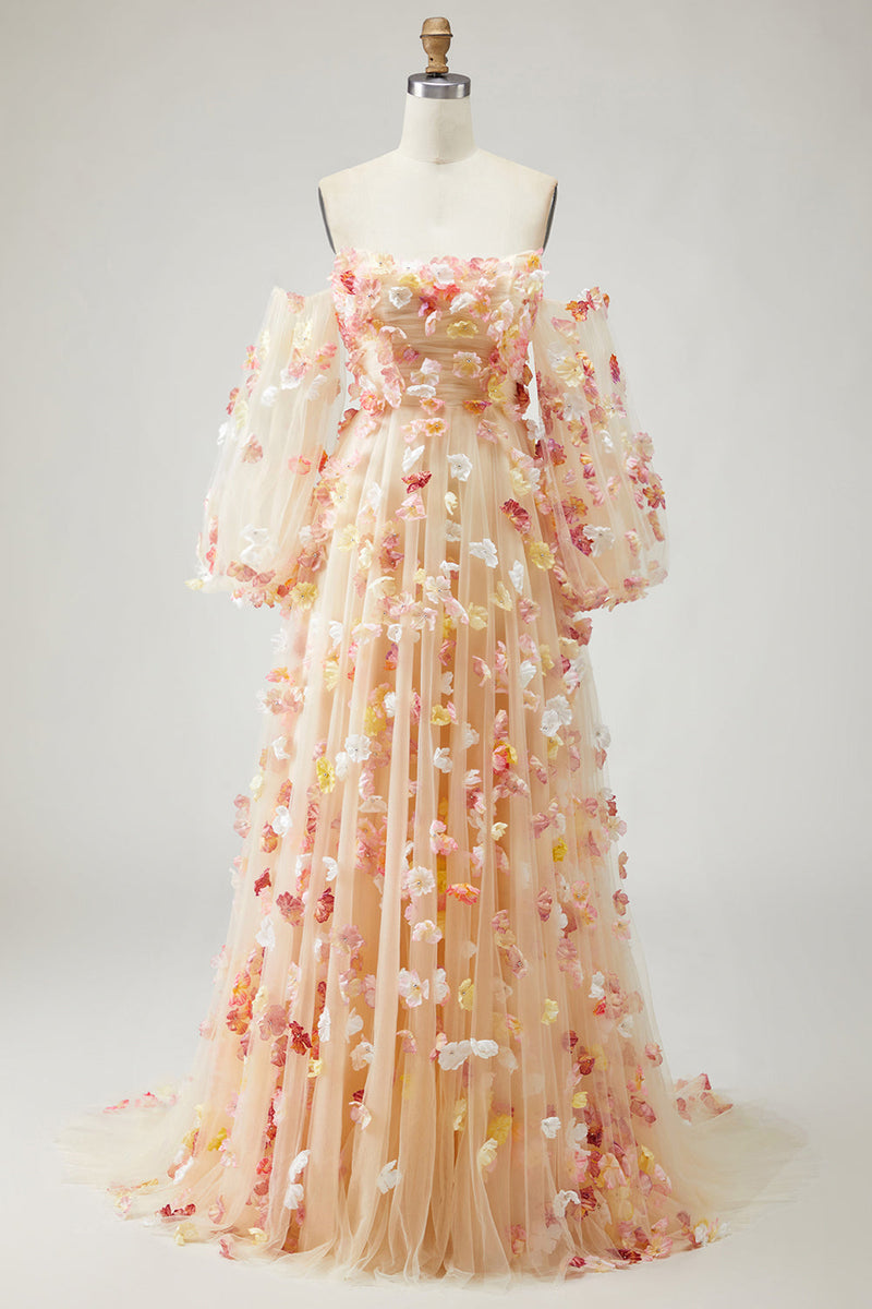 Laden Sie das Bild in den Galerie-Viewer, Champagner Trägerloses A-Linie 3D-Blumen Tüll Langes Ballkleid mit abnehmbaren Ärmeln