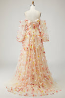 Laden Sie das Bild in den Galerie-Viewer, Champagner Trägerloses A-Linie 3D-Blumen Tüll Langes Ballkleid mit abnehmbaren Ärmeln