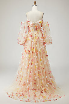 Champagner Trägerloses A-Linie 3D-Blumen Tüll Langes Ballkleid mit abnehmbaren Ärmeln