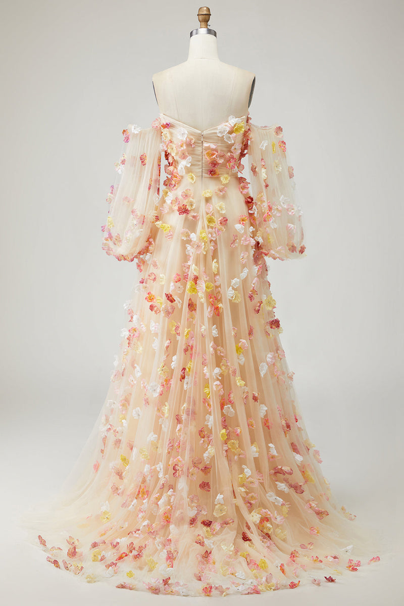 Laden Sie das Bild in den Galerie-Viewer, Champagner Trägerloses A-Linie 3D-Blumen Tüll Langes Ballkleid mit abnehmbaren Ärmeln