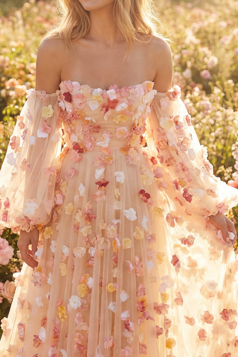 Laden Sie das Bild in den Galerie-Viewer, Champagner Trägerloses A-Linie Tüll Convertible Langes Ballkleid mit 3D-Blumen