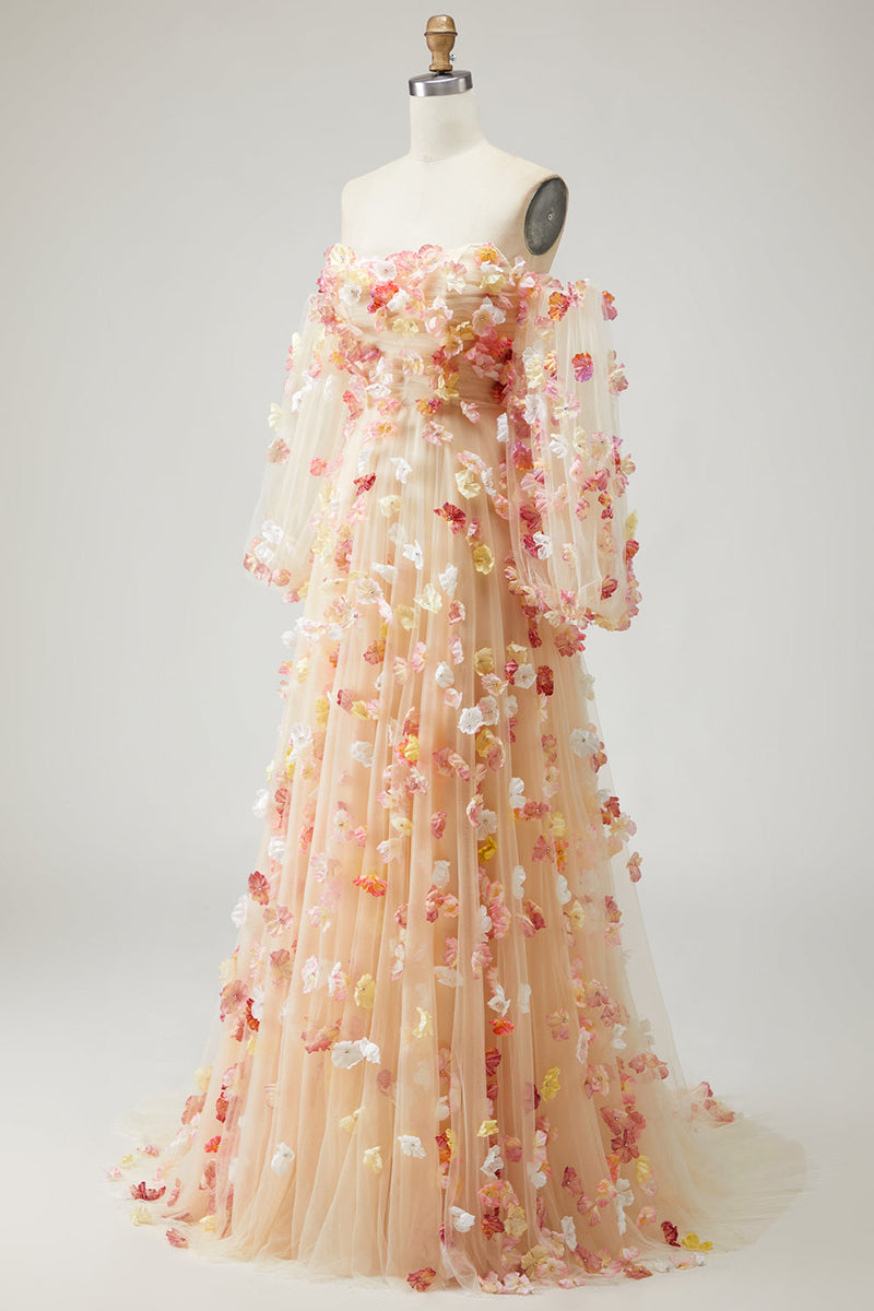 Laden Sie das Bild in den Galerie-Viewer, Champagner Trägerloses A-Linie 3D-Blumen Übergröße Langes Ballkleid mit abnehmbaren Ärmeln