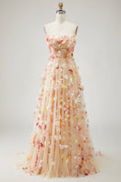 Laden Sie das Bild in den Galerie-Viewer, Champagner Trägerloses A-Linie Tüll Convertible Langes Ballkleid mit 3D-Blumen
