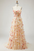 Laden Sie das Bild in den Galerie-Viewer, Champagner Trägerloses A-Linie 3D-Blumen Übergröße Langes Ballkleid mit abnehmbaren Ärmeln