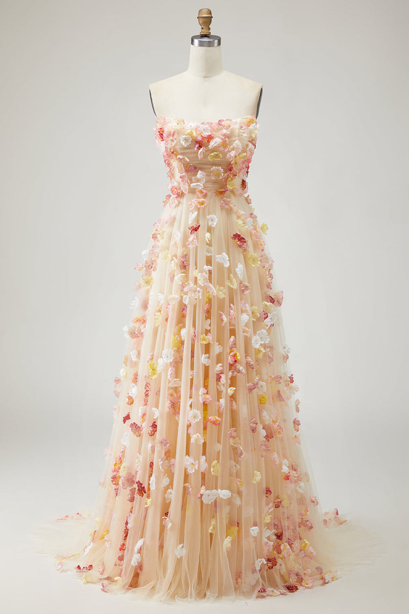 Laden Sie das Bild in den Galerie-Viewer, Champagner Trägerloses A-Linie 3D-Blumen Übergröße Langes Ballkleid mit abnehmbaren Ärmeln
