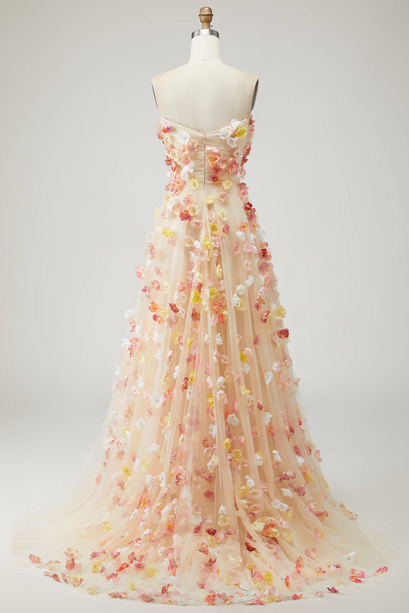 Laden Sie das Bild in den Galerie-Viewer, Champagner Trägerloses A-Linie 3D-Blumen Übergröße Langes Ballkleid mit abnehmbaren Ärmeln
