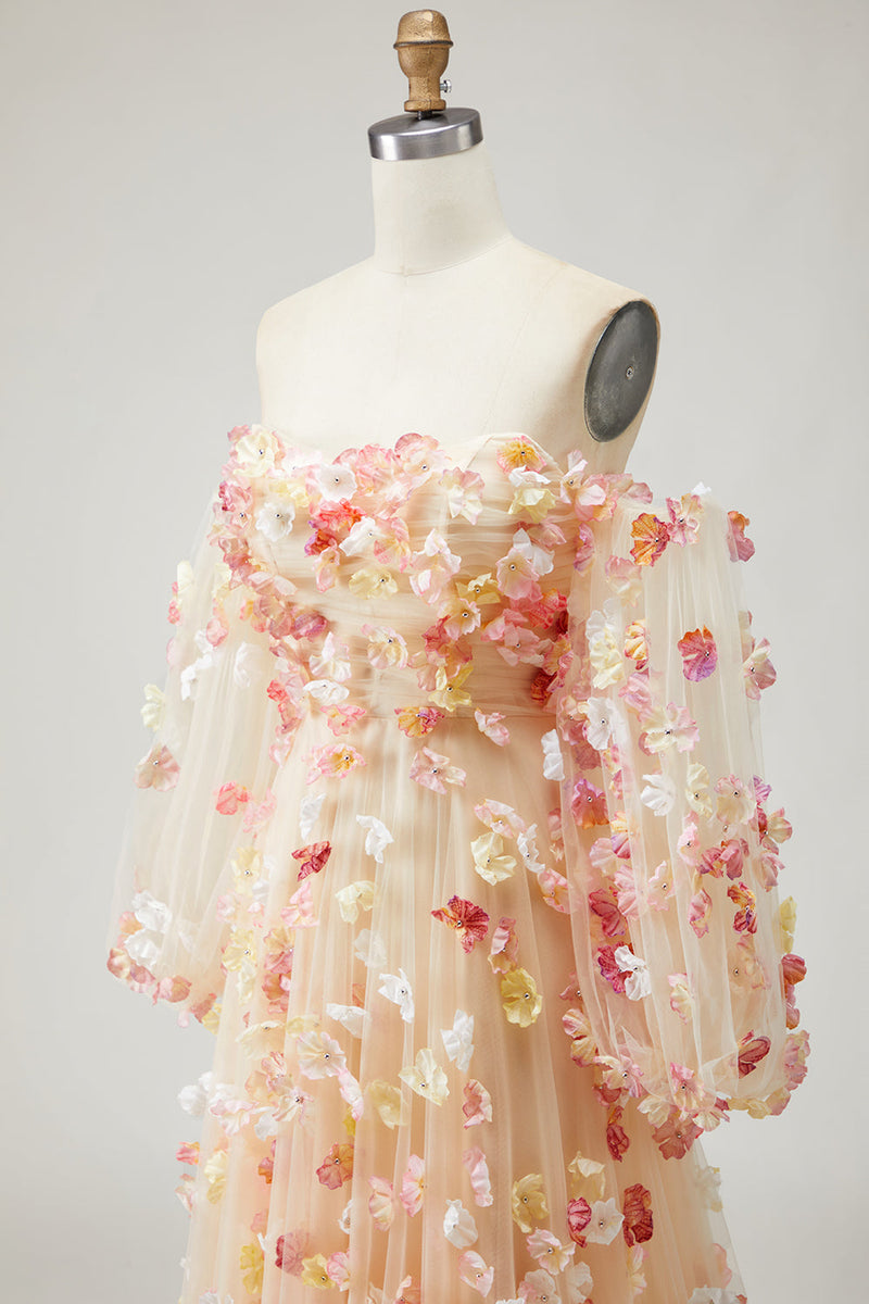 Laden Sie das Bild in den Galerie-Viewer, Champagner Trägerloses A-Linie 3D-Blumen Tüll Langes Ballkleid mit abnehmbaren Ärmeln