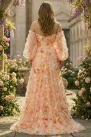 Laden Sie das Bild in den Galerie-Viewer, Champagner Trägerloses A-Linie 3D-Blumen Tüll Langes Ballkleid mit abnehmbaren Ärmeln