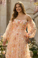 Laden Sie das Bild in den Galerie-Viewer, Champagner Trägerloses A-Linie 3D-Blumen Tüll Langes Ballkleid mit abnehmbaren Ärmeln