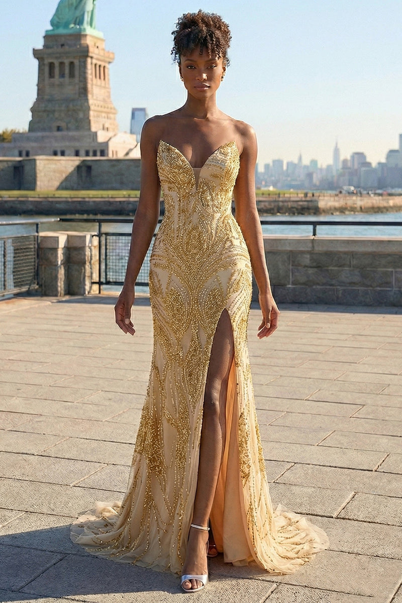 Laden Sie das Bild in den Galerie-Viewer, Goldenes Herzausschnitt Meerjungfrauen Langes Ballkleid mit Schlitz