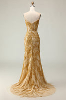 Laden Sie das Bild in den Galerie-Viewer, Goldenes Herzausschnitt Meerjungfrauen Langes Ballkleid mit Schlitz