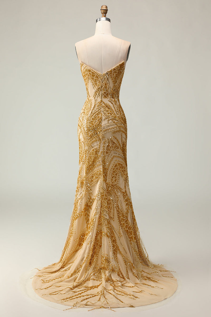 Laden Sie das Bild in den Galerie-Viewer, Goldenes Herzausschnitt Meerjungfrauen Langes Ballkleid mit Schlitz