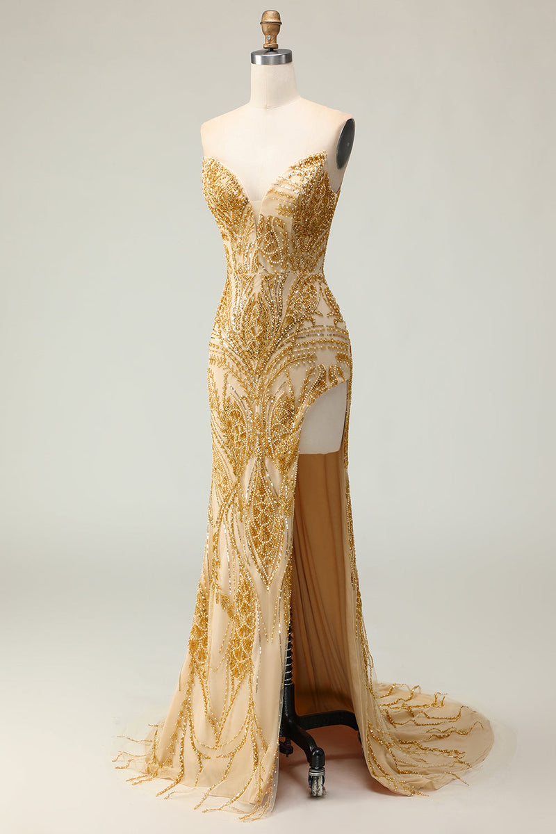 Laden Sie das Bild in den Galerie-Viewer, Goldenes Herzausschnitt Meerjungfrauen Langes Ballkleid mit Schlitz