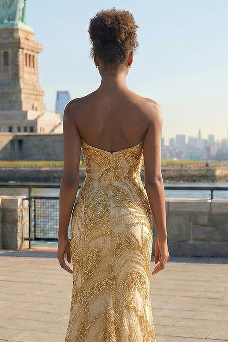 Laden Sie das Bild in den Galerie-Viewer, Goldenes Herzausschnitt Meerjungfrauen Langes Ballkleid mit Schlitz