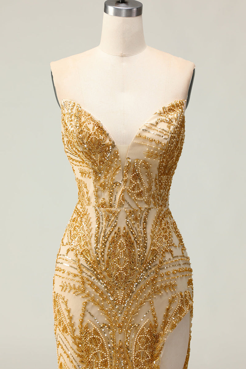 Laden Sie das Bild in den Galerie-Viewer, Golden Mermaid Herzausschnitt Perlenbesetztes Langes Ballkleid mit Schlitz