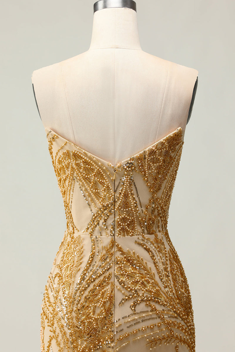 Laden Sie das Bild in den Galerie-Viewer, Goldenes Herzausschnitt Meerjungfrauen Langes Ballkleid mit Schlitz