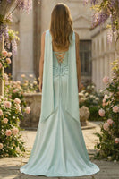 Laden Sie das Bild in den Galerie-Viewer, Trägerloses Korsett Meerjungfrau Hellgrünes Satin Maxi Abendkleid mit Seitenschlitz und Halsschal