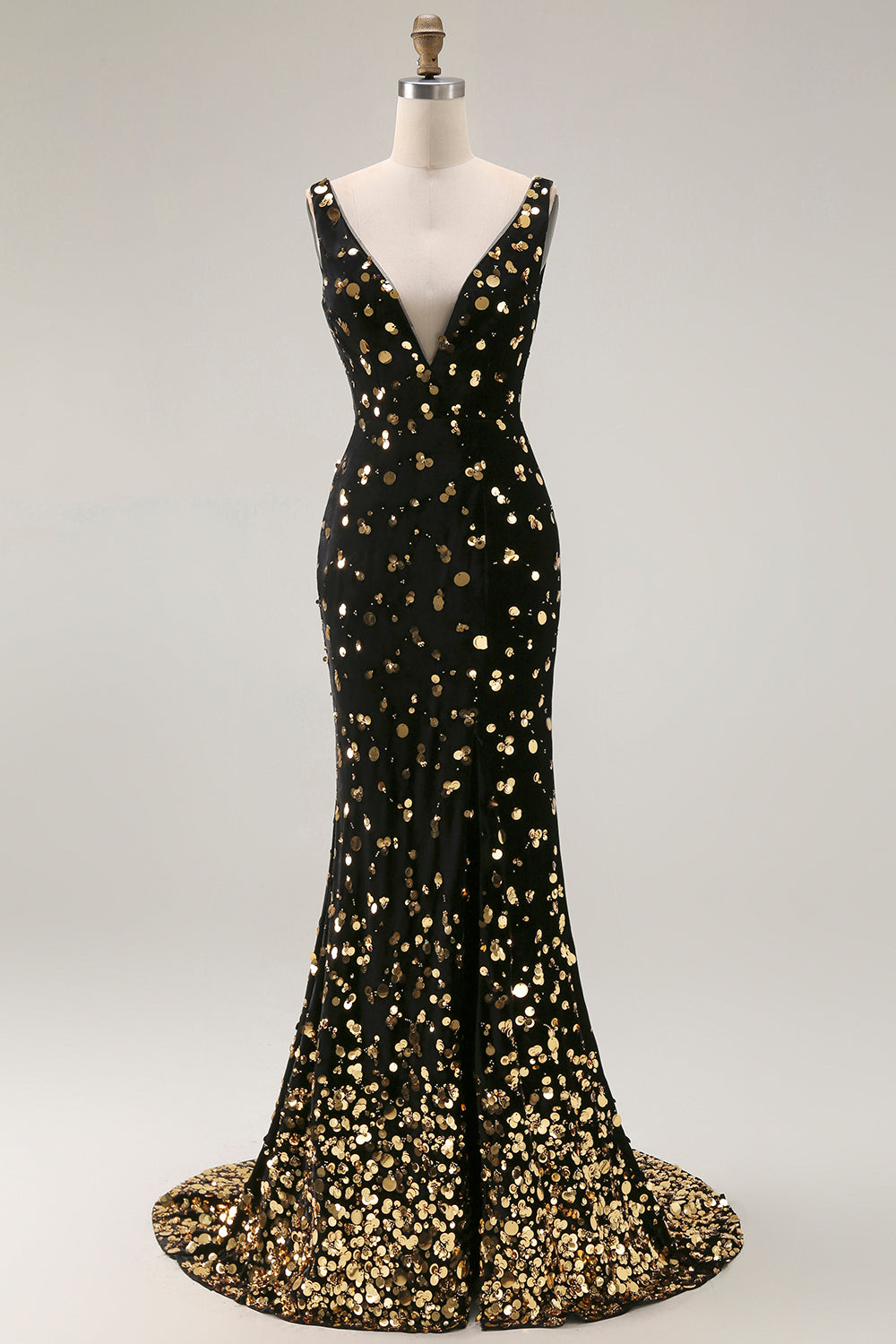 Schwarzes Goldenes Meerjungfrauen Pailletten Langes Ballkleid mit offenem Rücken und Schlitz