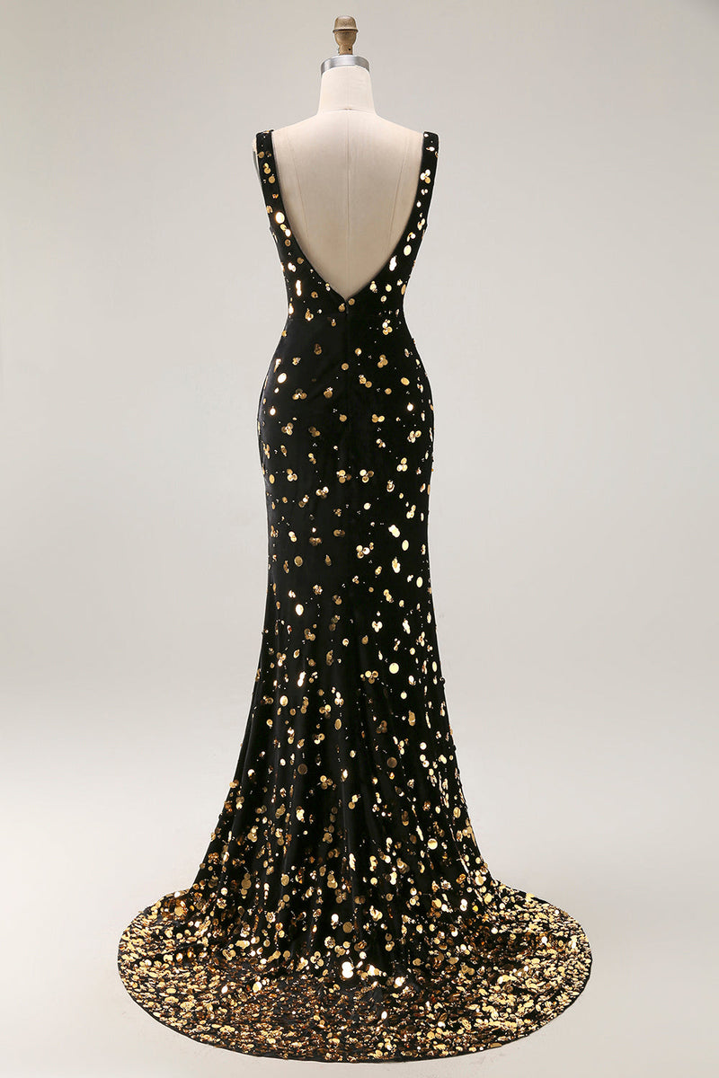 Laden Sie das Bild in den Galerie-Viewer, Schwarzes Goldenes Pailletten Meerjungfrauen V-Ausschnitt Langes Abschlussballkleid mit offenem Rücken und Schlitz