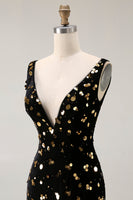 Laden Sie das Bild in den Galerie-Viewer, Schwarzes Goldenes Meerjungfrauen Pailletten Langes Ballkleid mit offenem Rücken und Schlitz