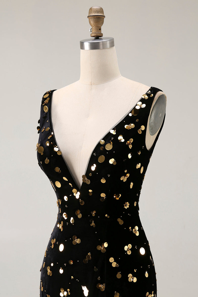 Laden Sie das Bild in den Galerie-Viewer, Schwarzes Goldenes Meerjungfrauen Pailletten Langes Ballkleid mit offenem Rücken und Schlitz