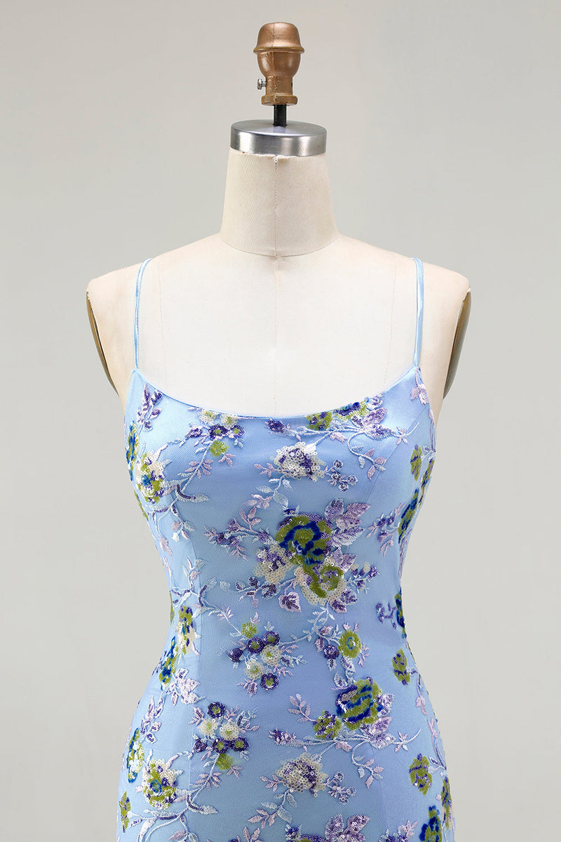 Laden Sie das Bild in den Galerie-Viewer, Glitzerndes Blaues Blumen Meerjungfrauen Pailletten Besticktes Langes Ballkleid mit Schlitz