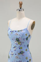 Laden Sie das Bild in den Galerie-Viewer, Glitzerndes Blaues Blumen Meerjungfrauen Pailletten Besticktes Langes Ballkleid mit Schlitz