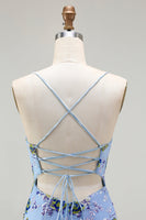 Laden Sie das Bild in den Galerie-Viewer, Glitzerndes Blaues Blumen Meerjungfrauen Pailletten Besticktes Langes Ballkleid mit Schlitz